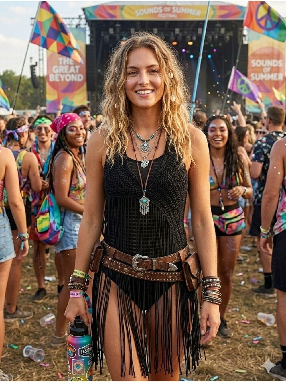 BLACK HAND CRAFTED CROCHET FRINGE HALTER TOP VNECK 2-WAY FESTIVAL BEACH COVER UP - Picture 3 of 17